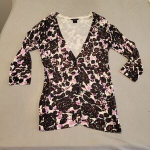 Pink Tartan Floral Cardigan 3/4 sleeves Sweater XS